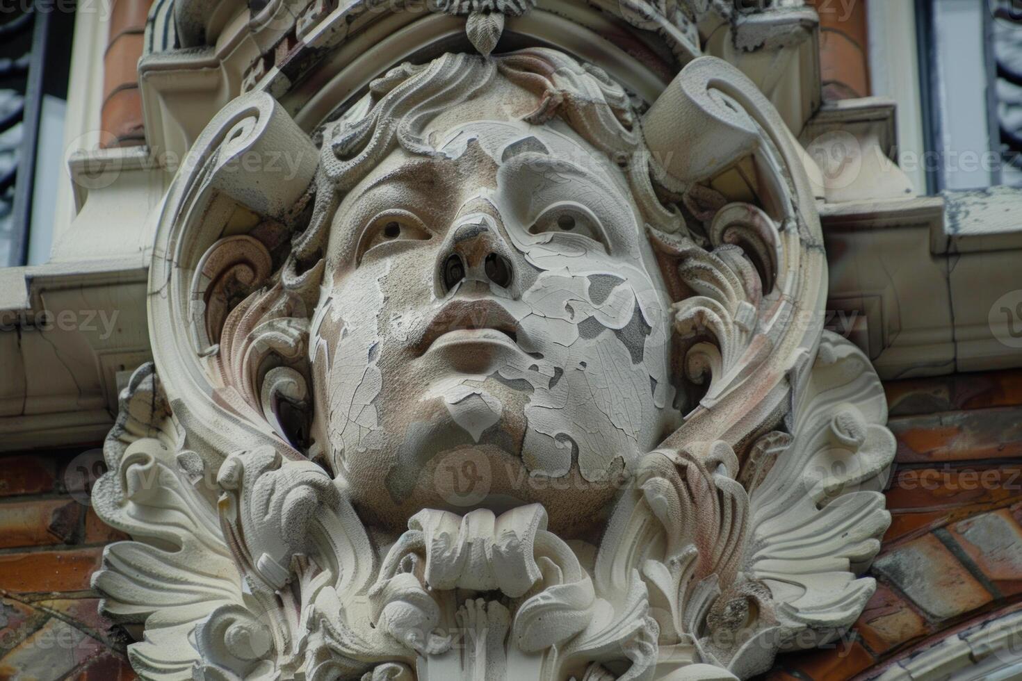 Weathered stone face sculpture showing the passage of time photo