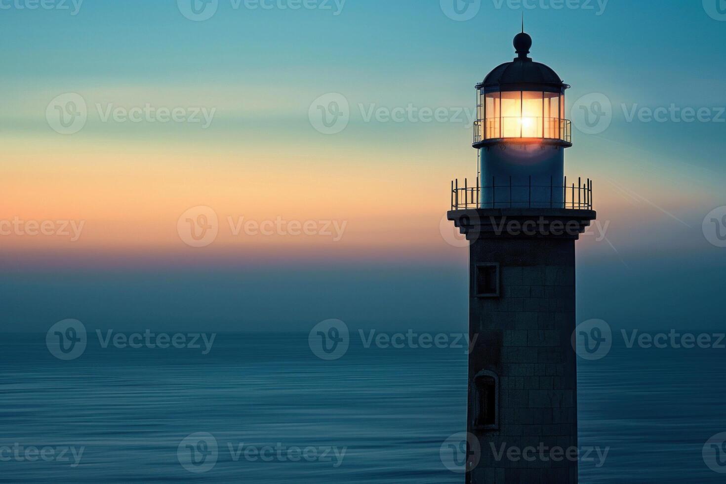 Lighthouse shining its light on the ocean at sunset photo