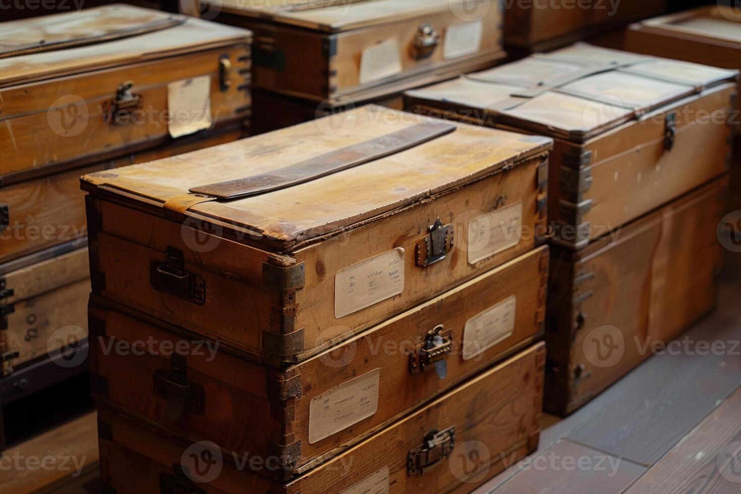 Stacked wooden crates with labels in storage room photo