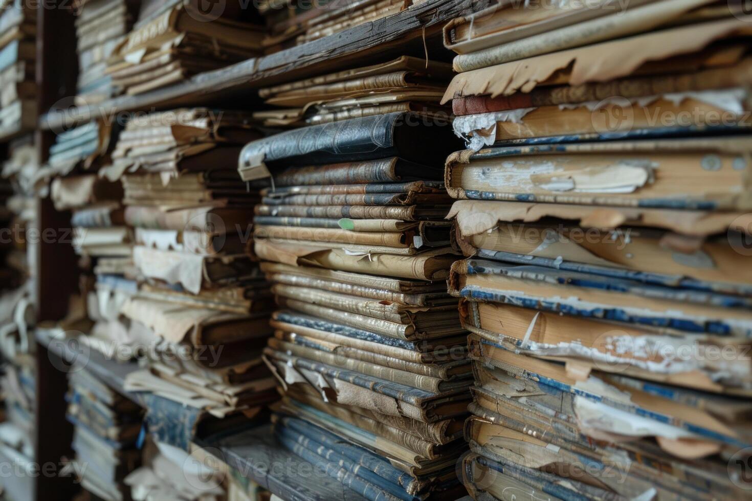Old books piling up in the attic of a library photo