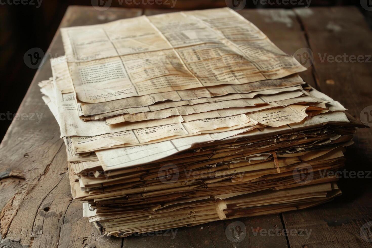 Stack of old papers with important information lying on a wooden table photo