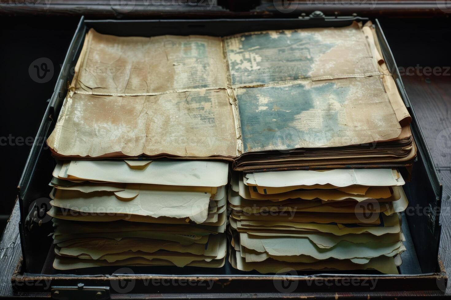 Old documents and papers stacked in a suitcase showing aging and time passing photo
