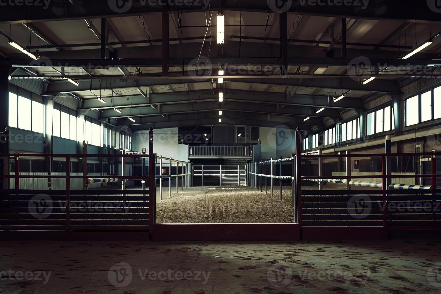 Empty indoor horse riding arena with sand and fences photo