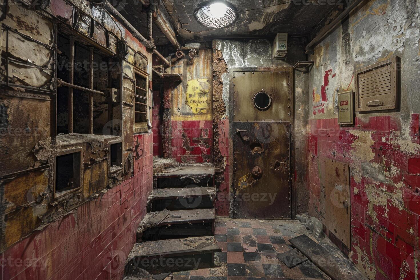 Old abandoned industrial building interior showing damage and decay photo
