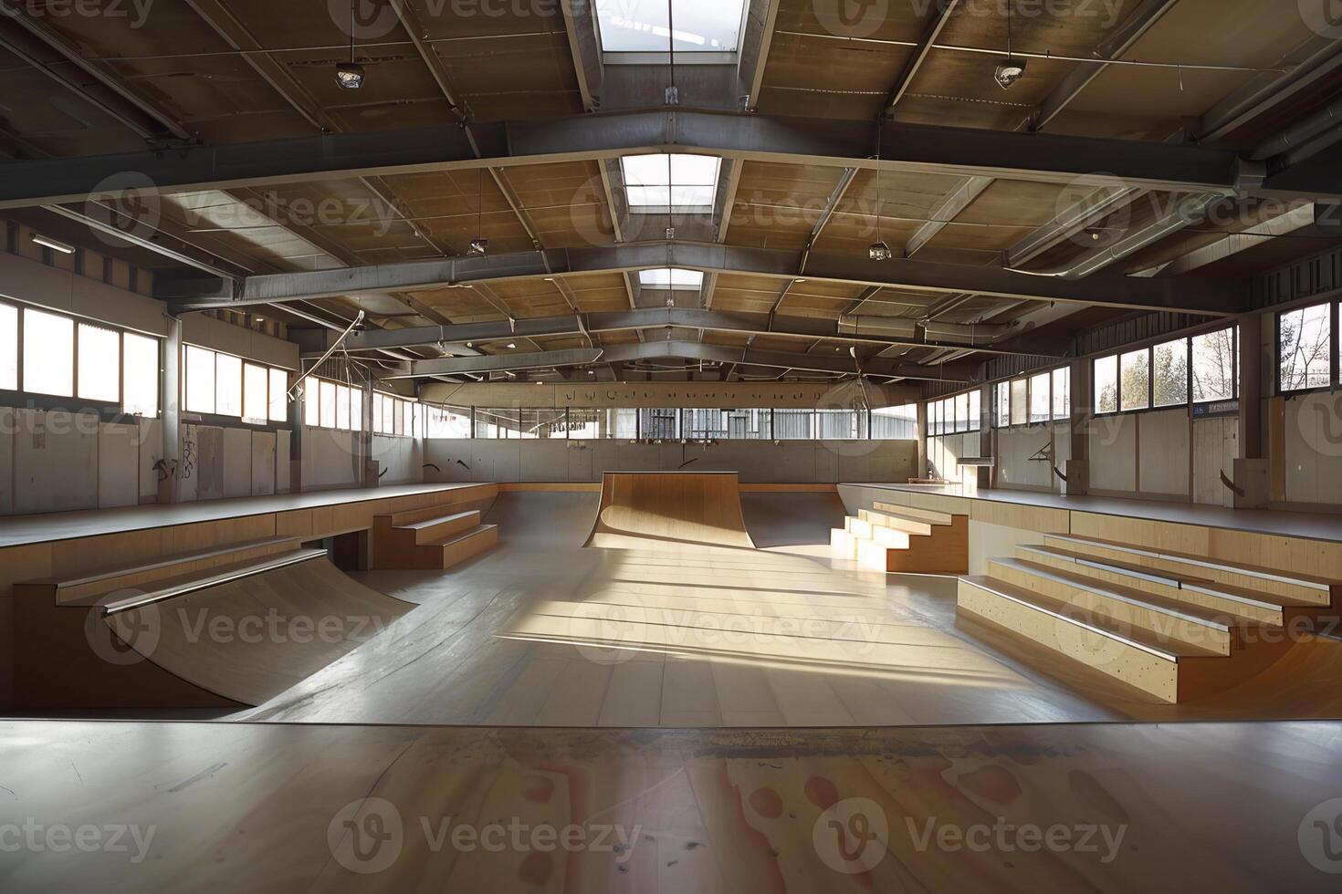Empty indoor skatepark with ramps and rails waiting for riders photo
