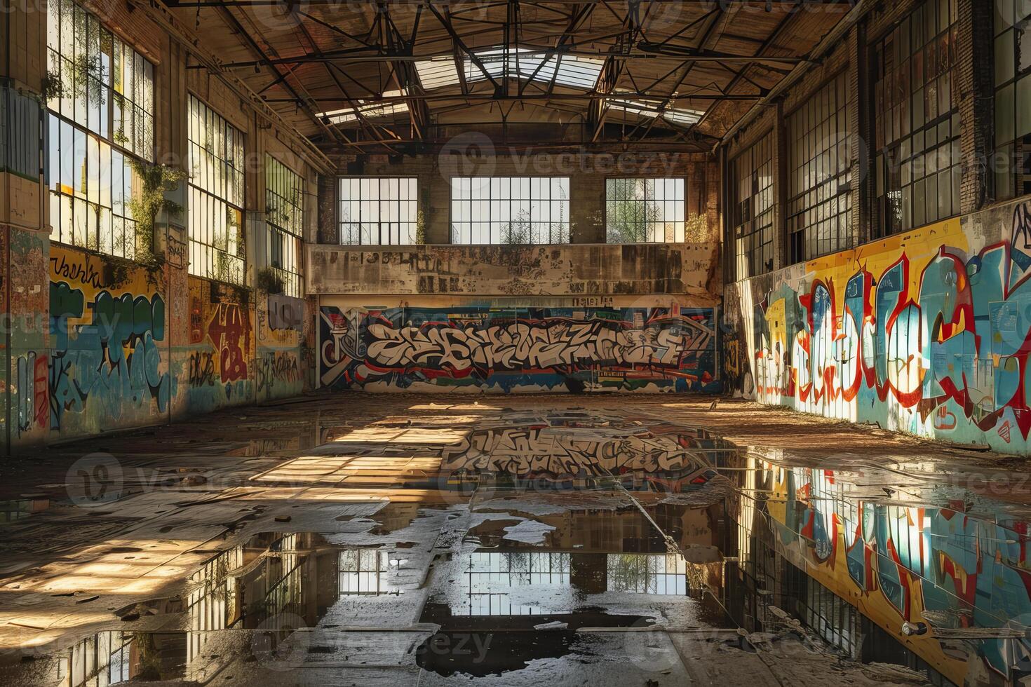 Graffiti covering the walls of an abandoned warehouse reflecting in puddles on the floor photo