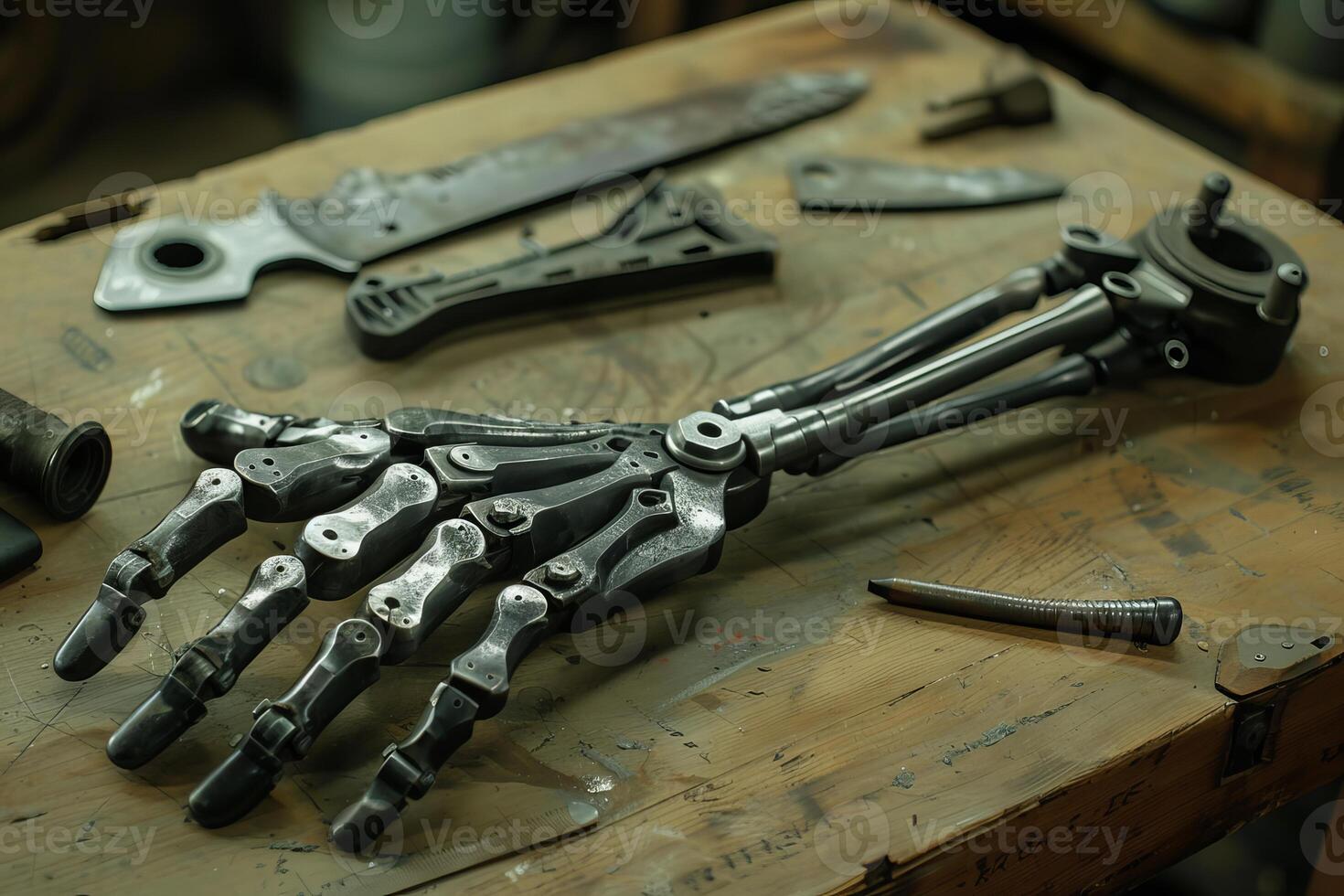 Metal robotic hand lying on workbench with tools photo