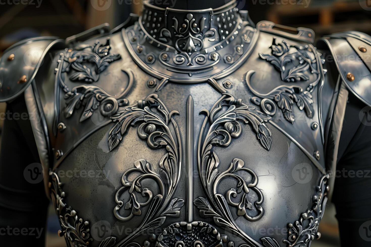 Close up of an elaborate suit of plate armor showing intricate metalwork photo