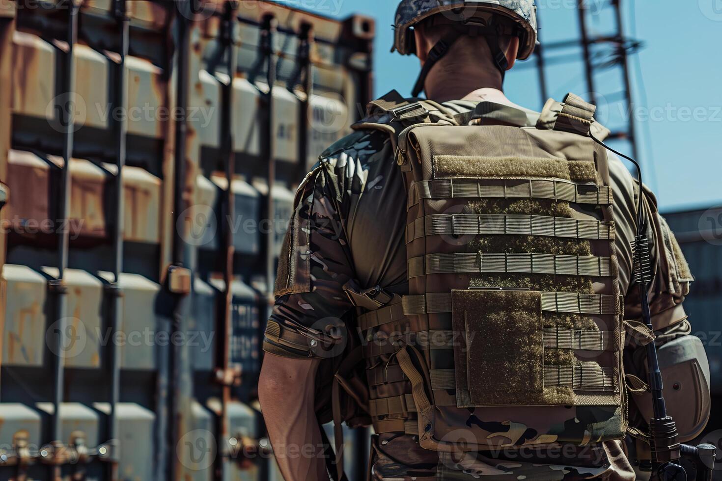 Soldier wearing tactical gear standing near cargo containers photo