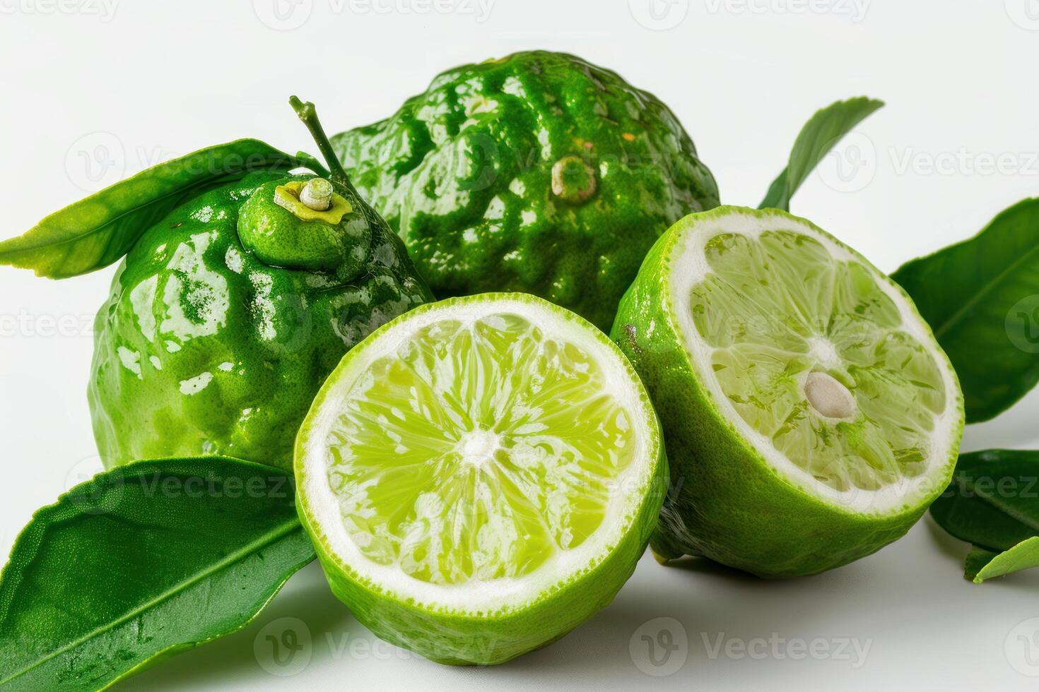 Fresh bergamot fruit with leaves on white background photo