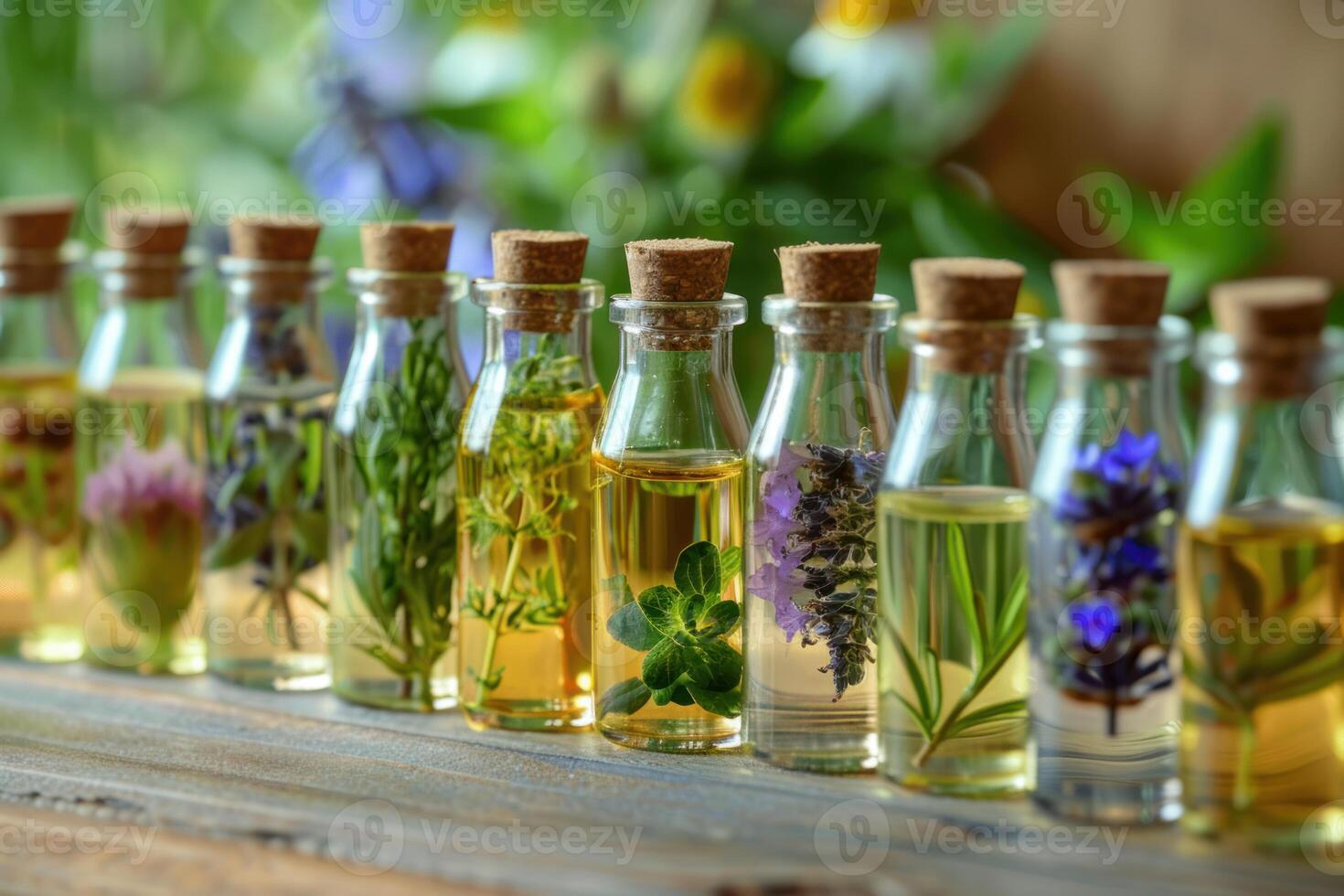 Bottles of essential oil containing fresh herbs are lined up on a table photo