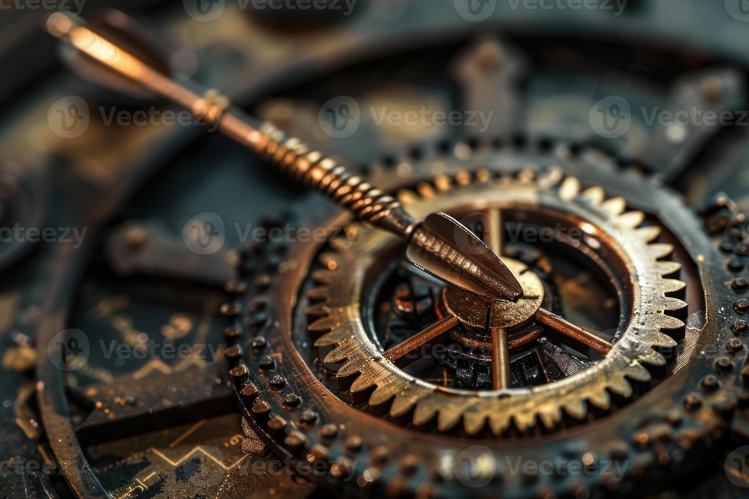 Arrow pointing at center of industrial gears and cogs photo