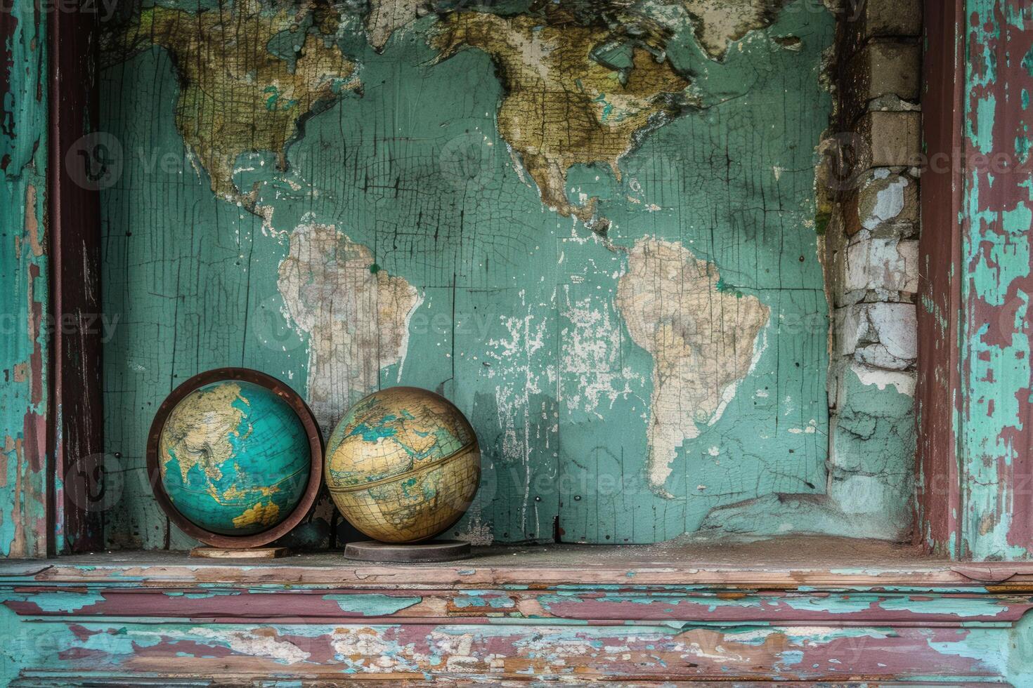 Two globes resting on a shelf in front of a world map photo