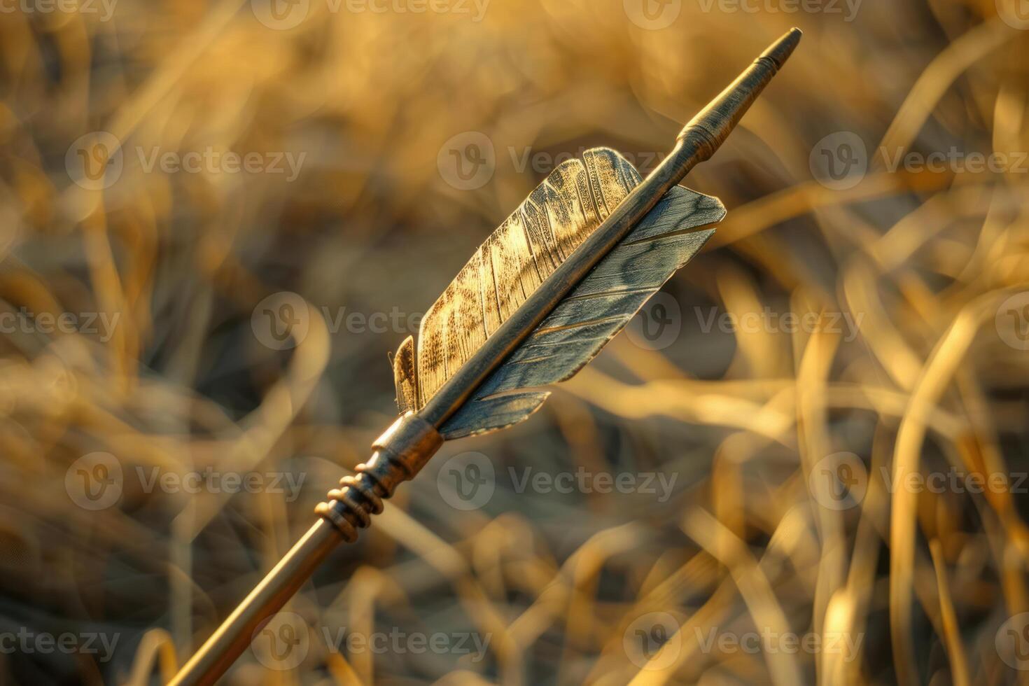 Sharp metal arrow with feather fletching lying on dry grass photo