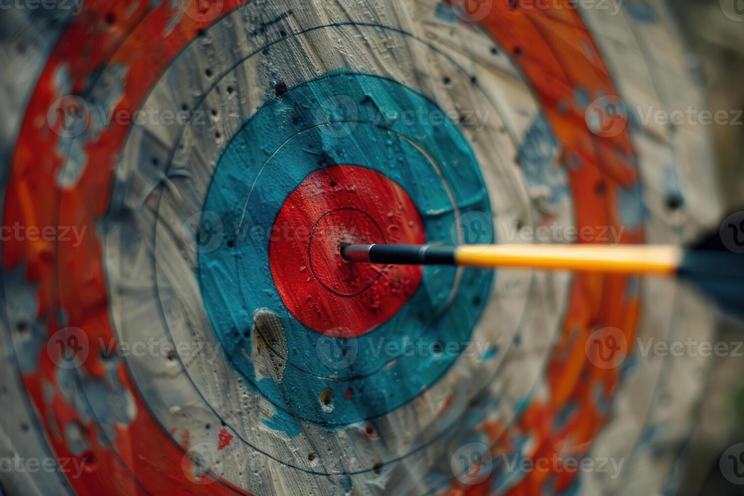 Arrow hitting the center of an archery target photo
