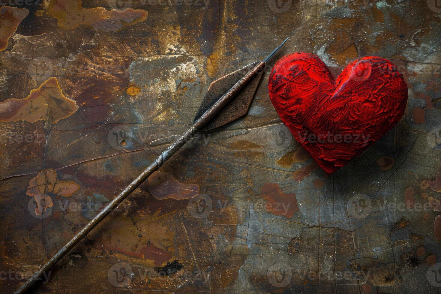 Rusty arrow pointing to red heart on metal background photo