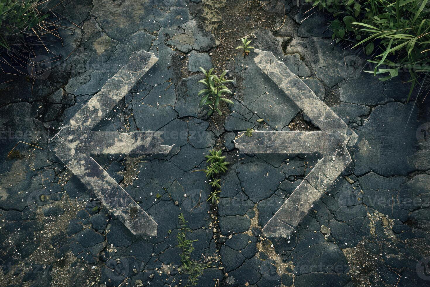 Two opposite arrows pointing in different directions on cracked asphalt photo