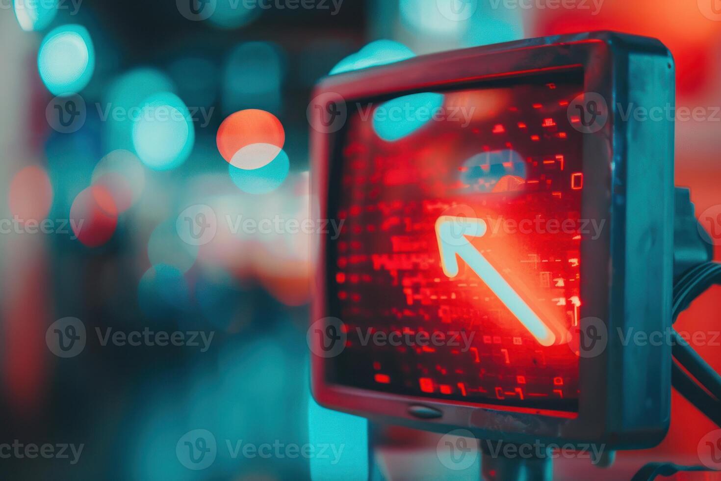 Red electronic screen showing upward diagonal arrow with blurred city lights background photo