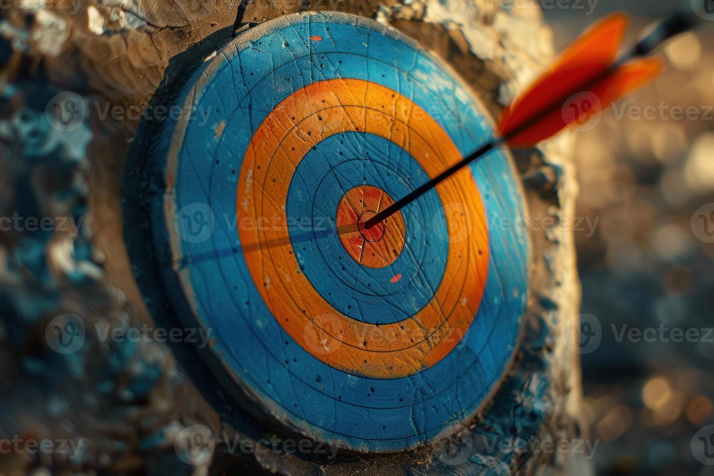 Orange and blue target with arrow striking the bullseye photo