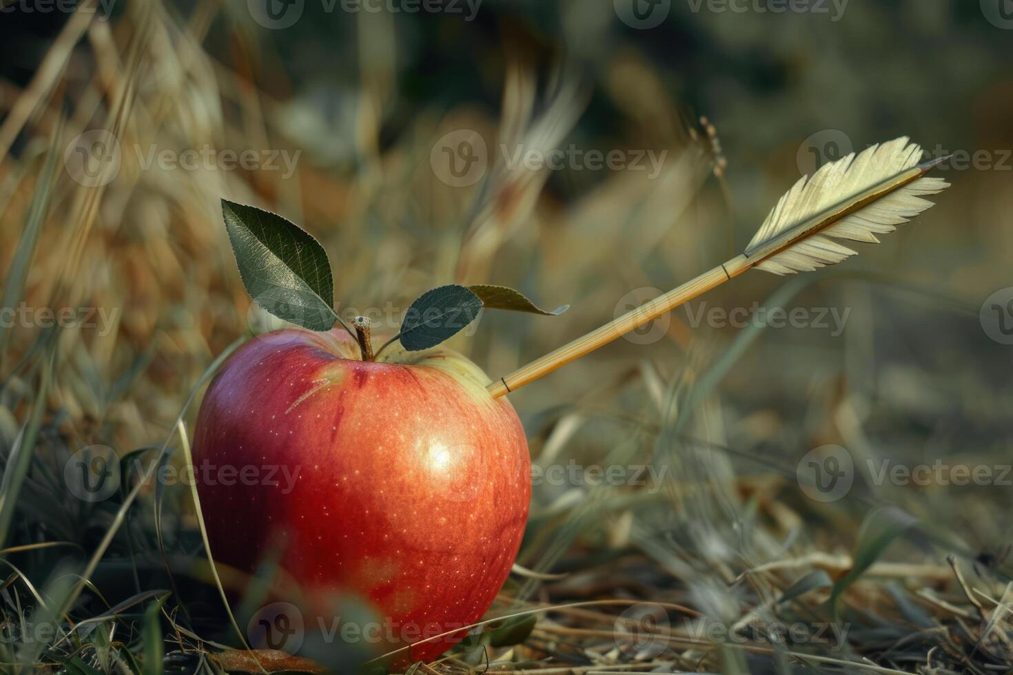 Ripe red apple with arrow sticking out on the grass photo