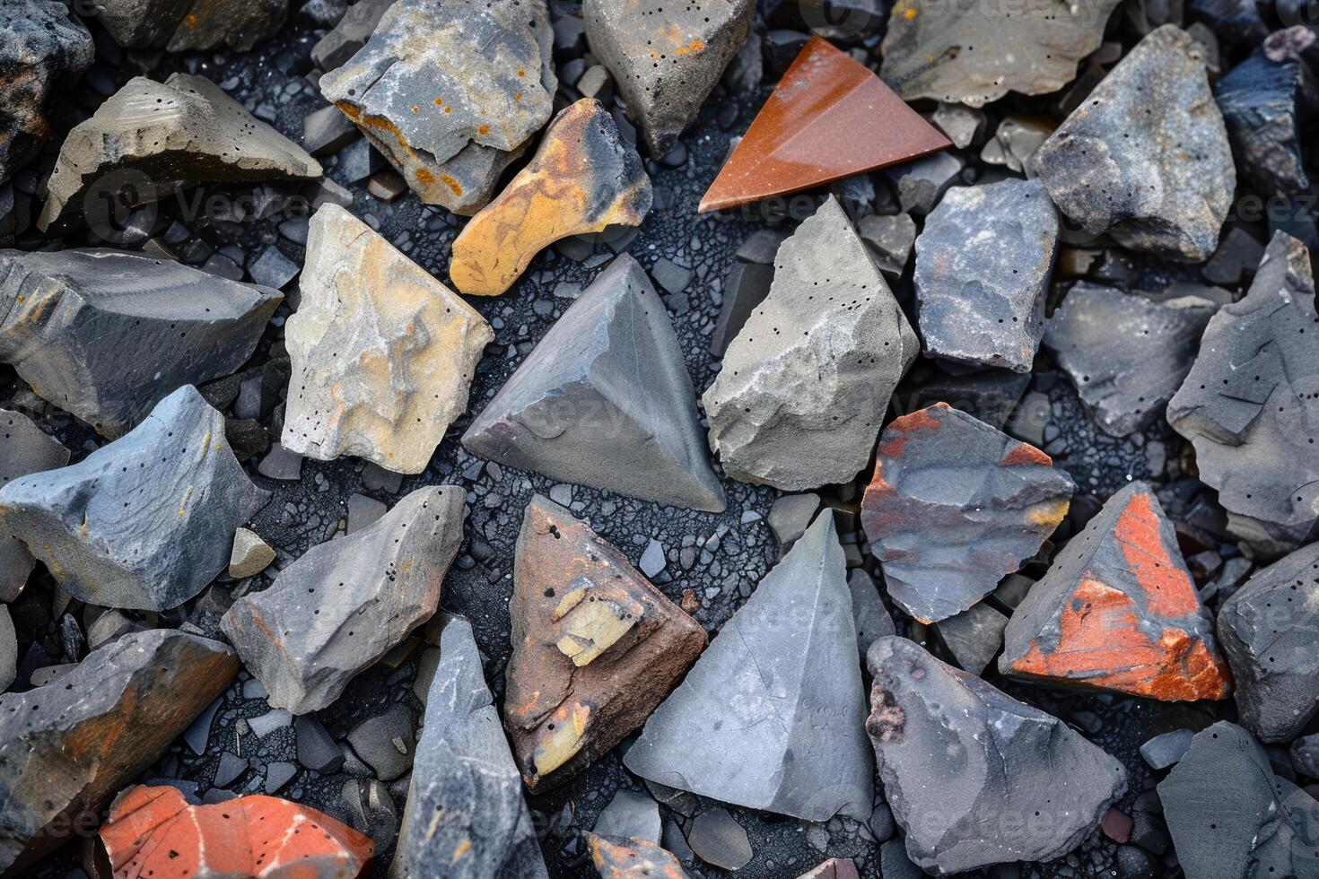 Triangular volcanic rock lying on black volcanic sand photo