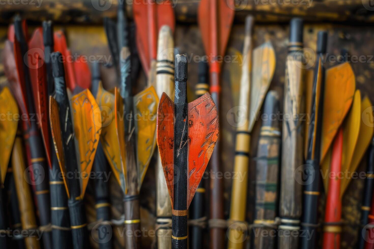 Red and yellow fletching on arrows in a row close up photo