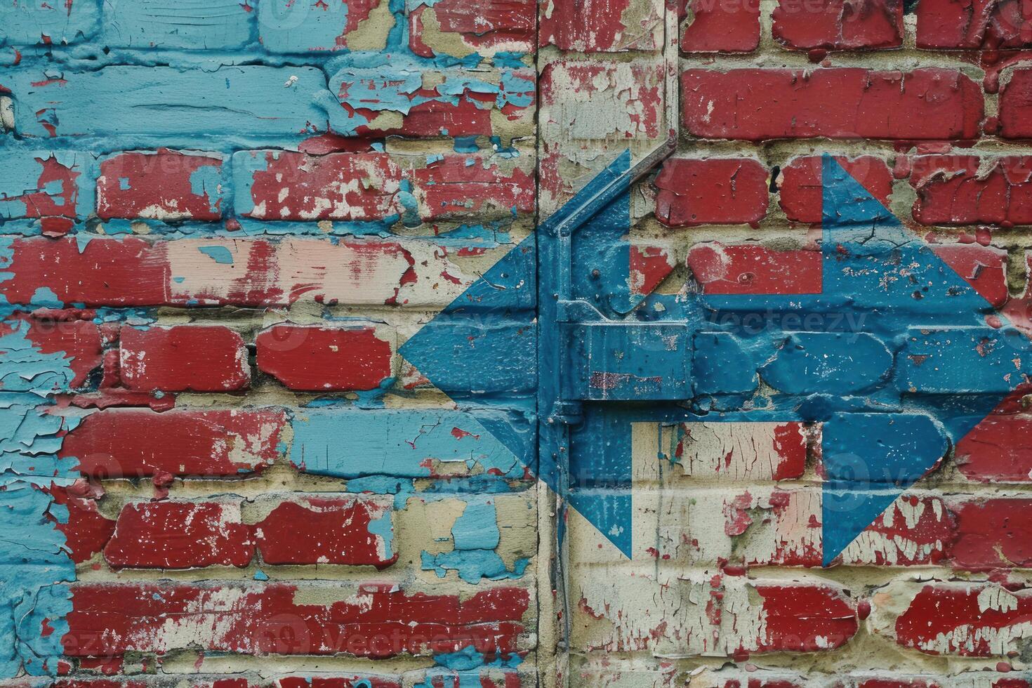 Two blue arrows pointing at each other on a red and blue brick wall photo