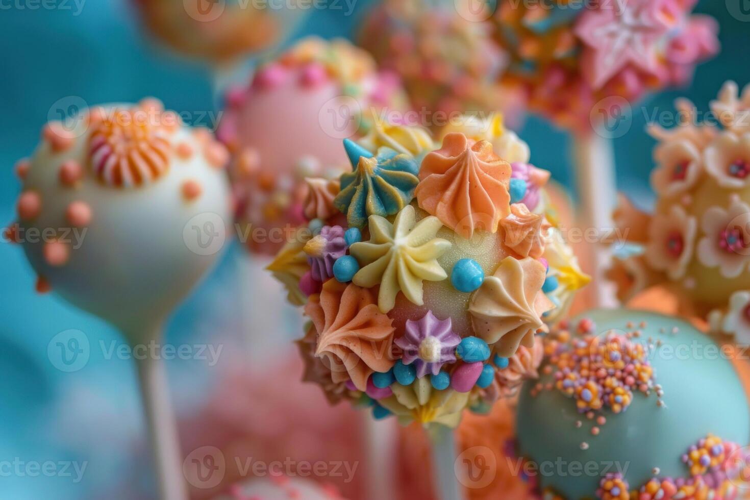 Delicious and colorful cake pops decorated with icing flowers for a party photo