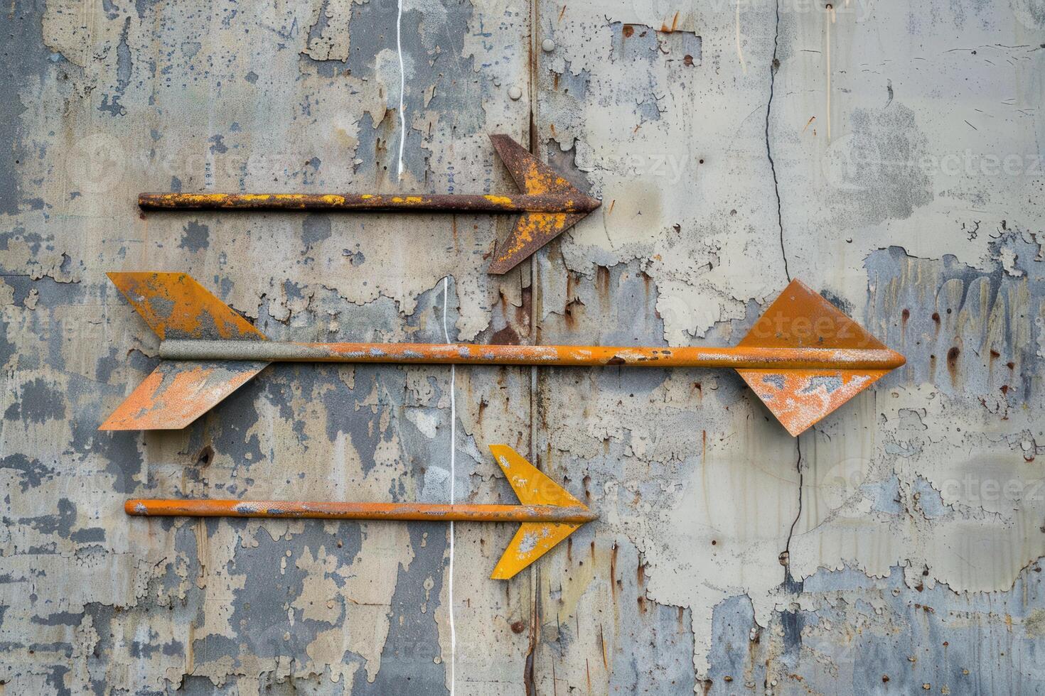 Three rusty orange arrows pointing right on a grunge wall background photo