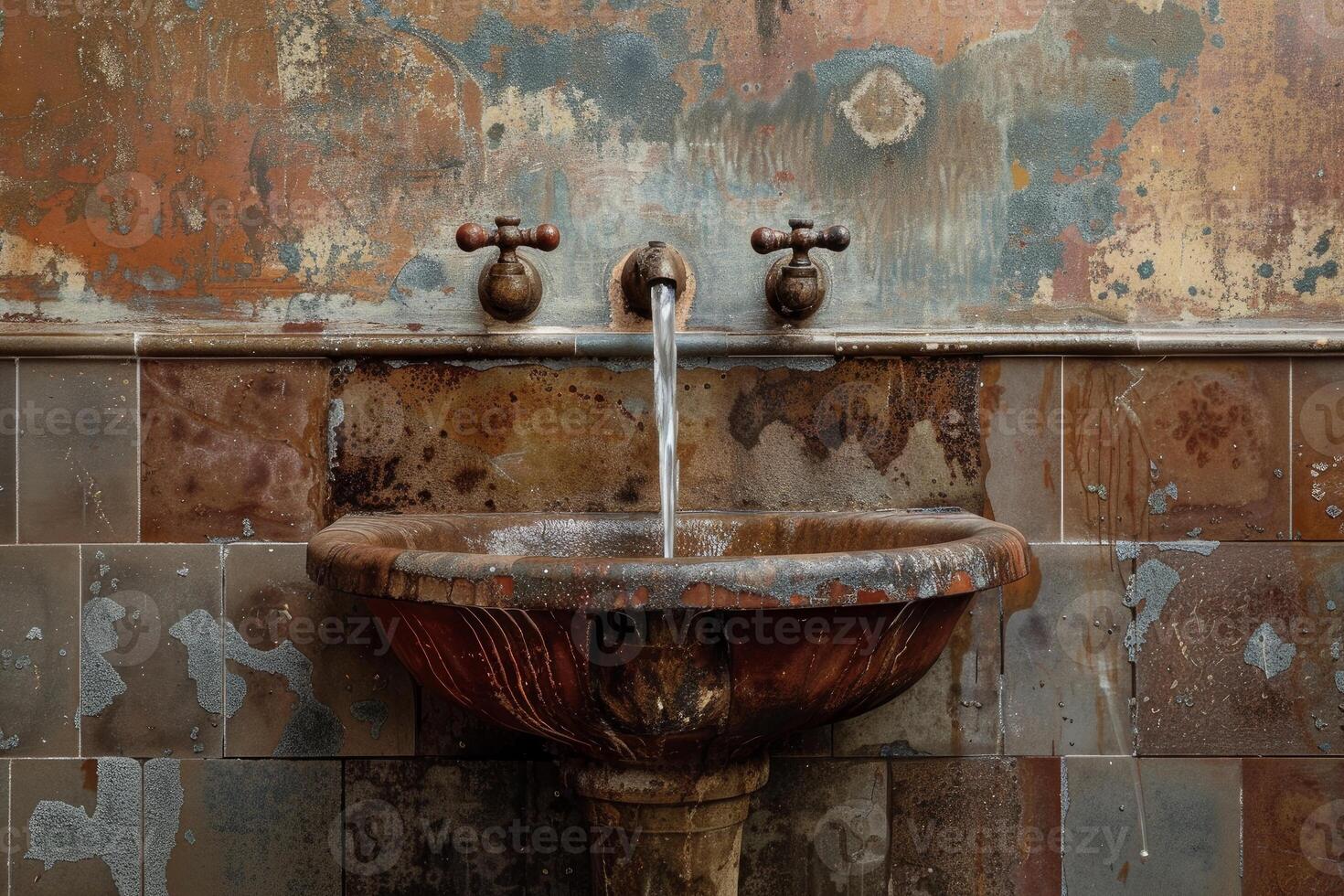 Water falling from antique faucet into old stone sink in front of colorful wall photo