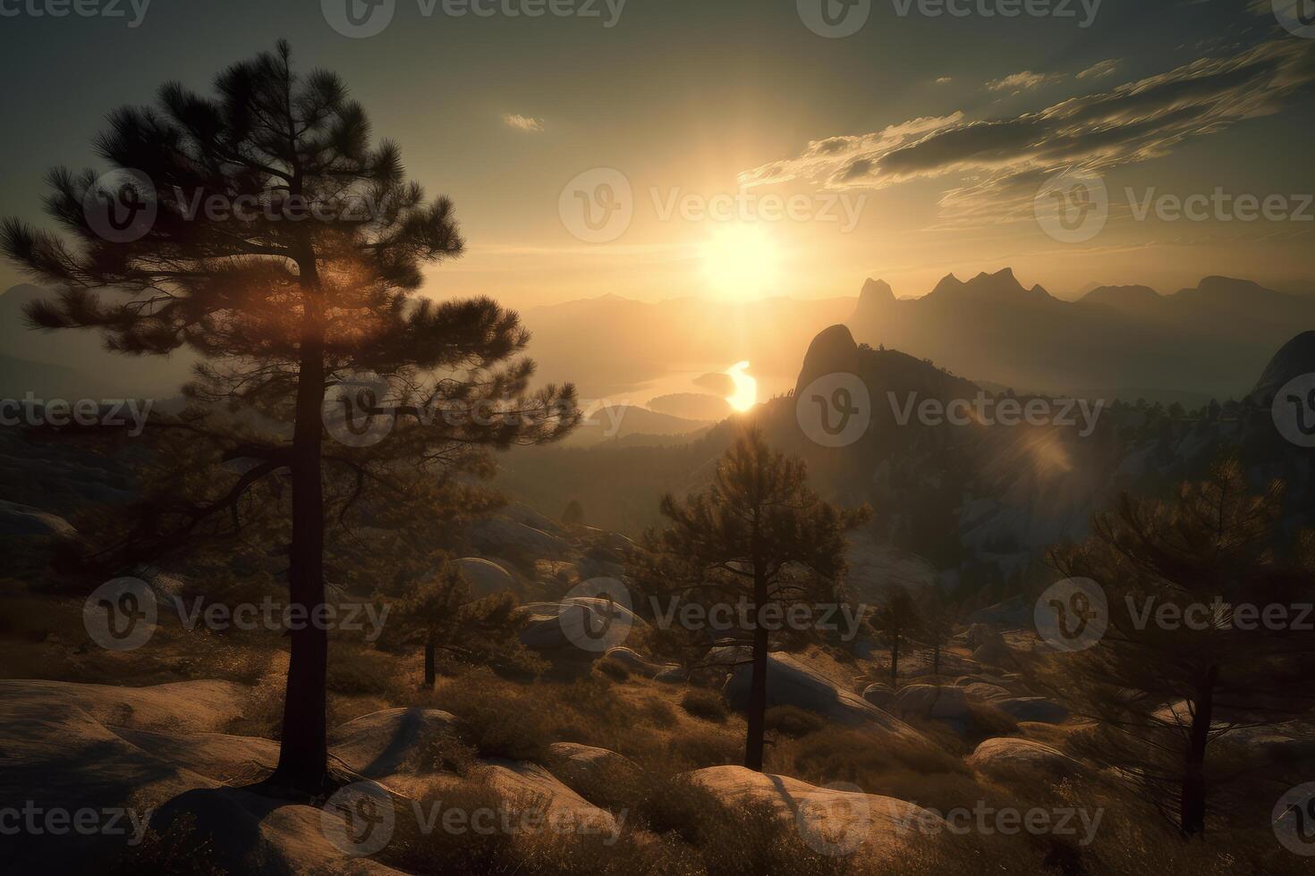Majestic sunset over mountainous landscape photo