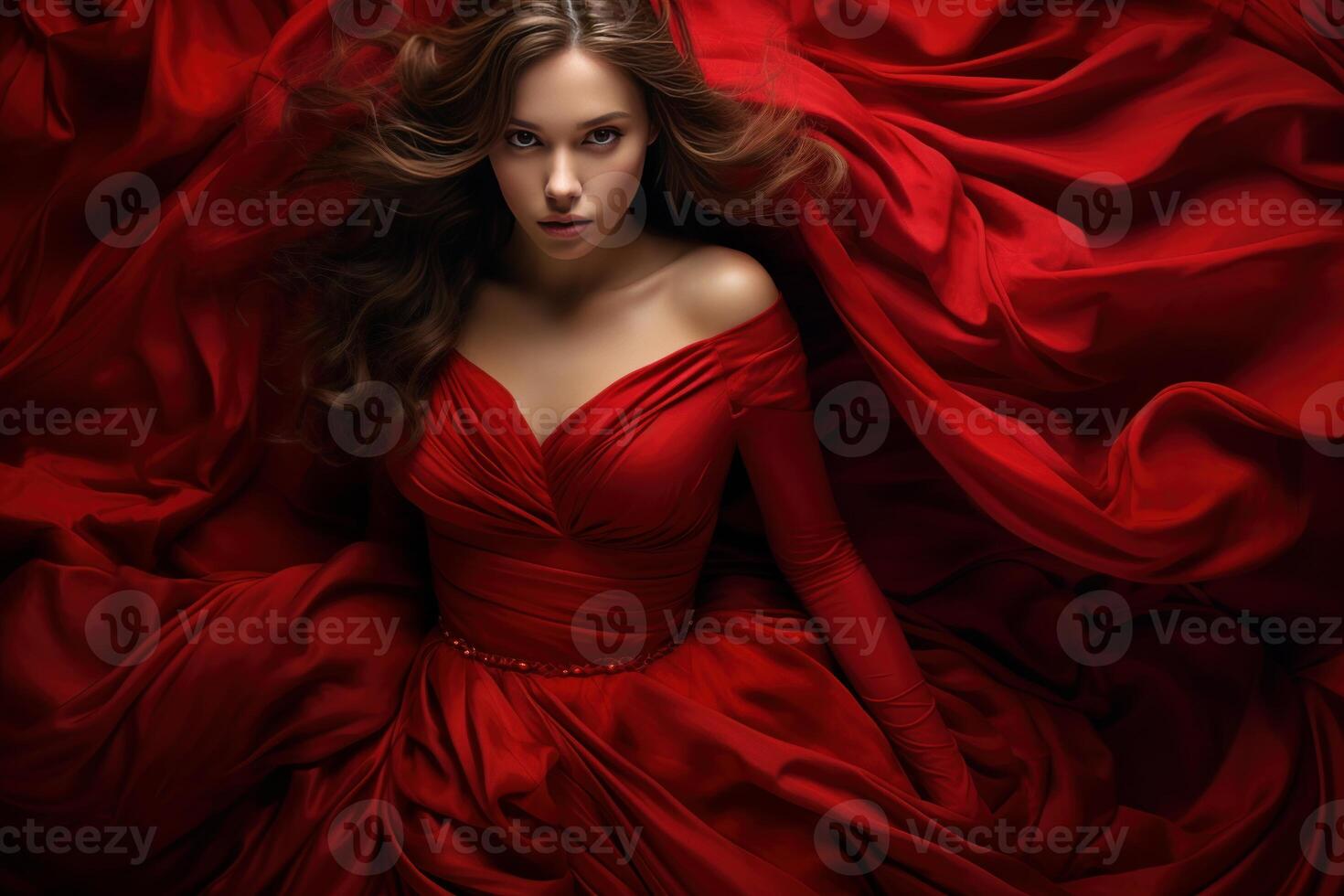 Elegant woman in flowing red gown photo