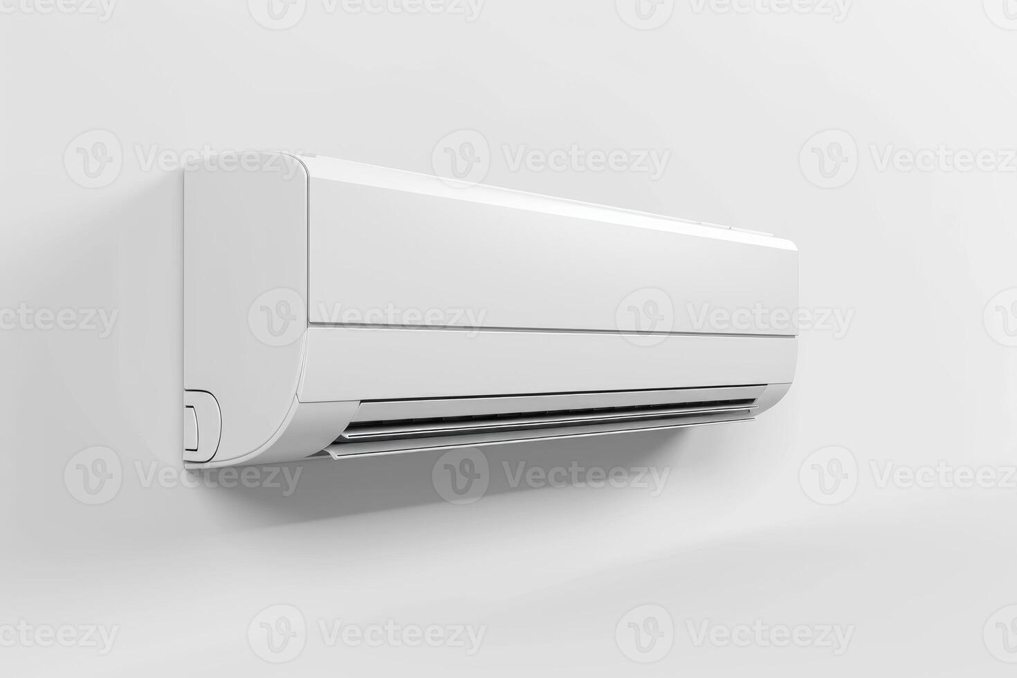 Modern air conditioner hanging on white wall cooling a room photo