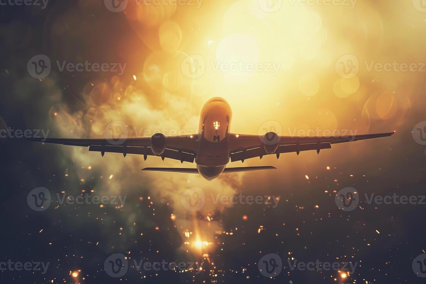 Passenger airplane flying above dramatic sunset clouds photo