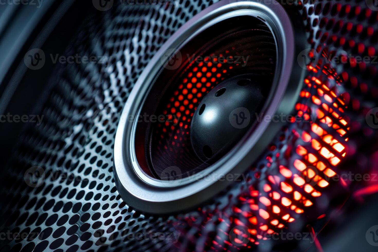 Powerful audio speaker vibrating with red lights in the background photo