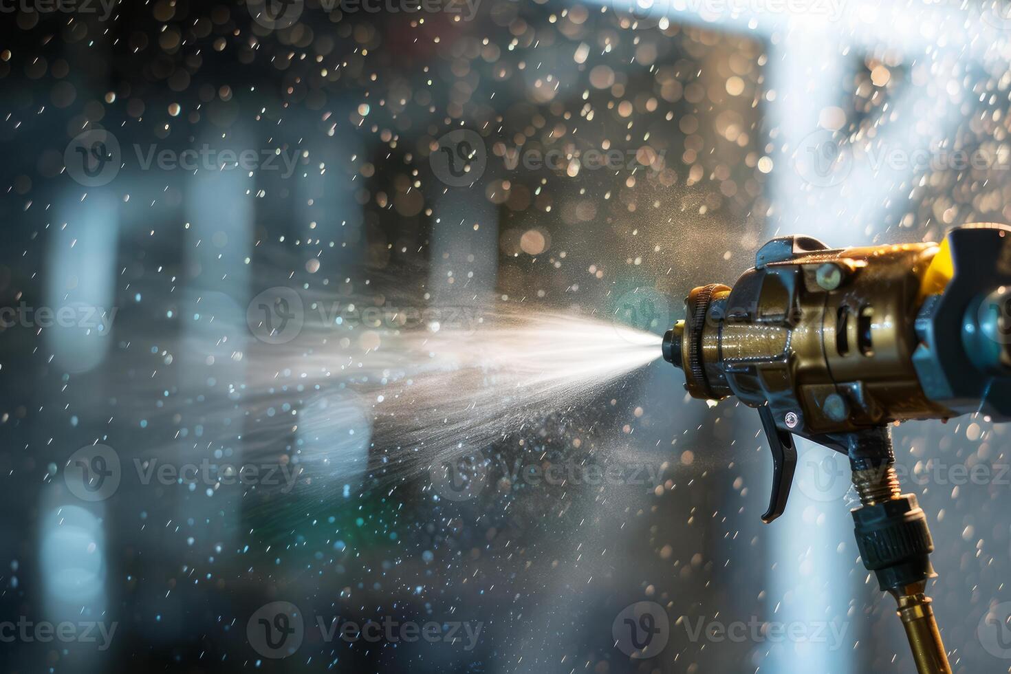 Professional spray gun applying paint creating a mist of tiny droplets photo