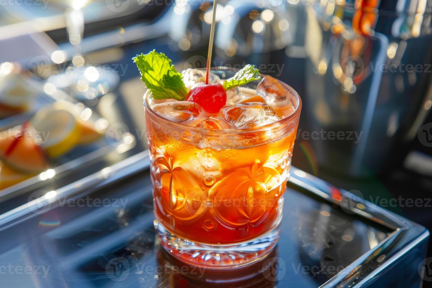 Delicious alcoholic cocktail with ice and mint standing on bar counter photo
