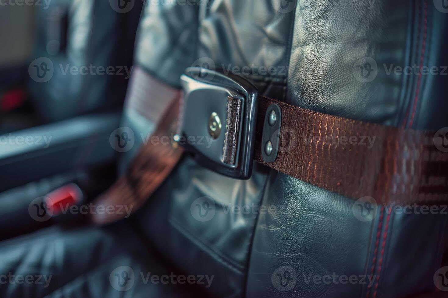 Seat belt fastened on a leather seat in an airplane ensuring passenger safety during flight photo