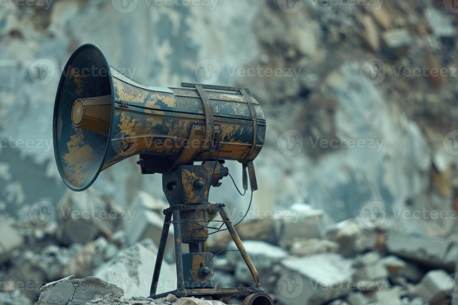 Old megaphone announcing demolition in front of rubble photo