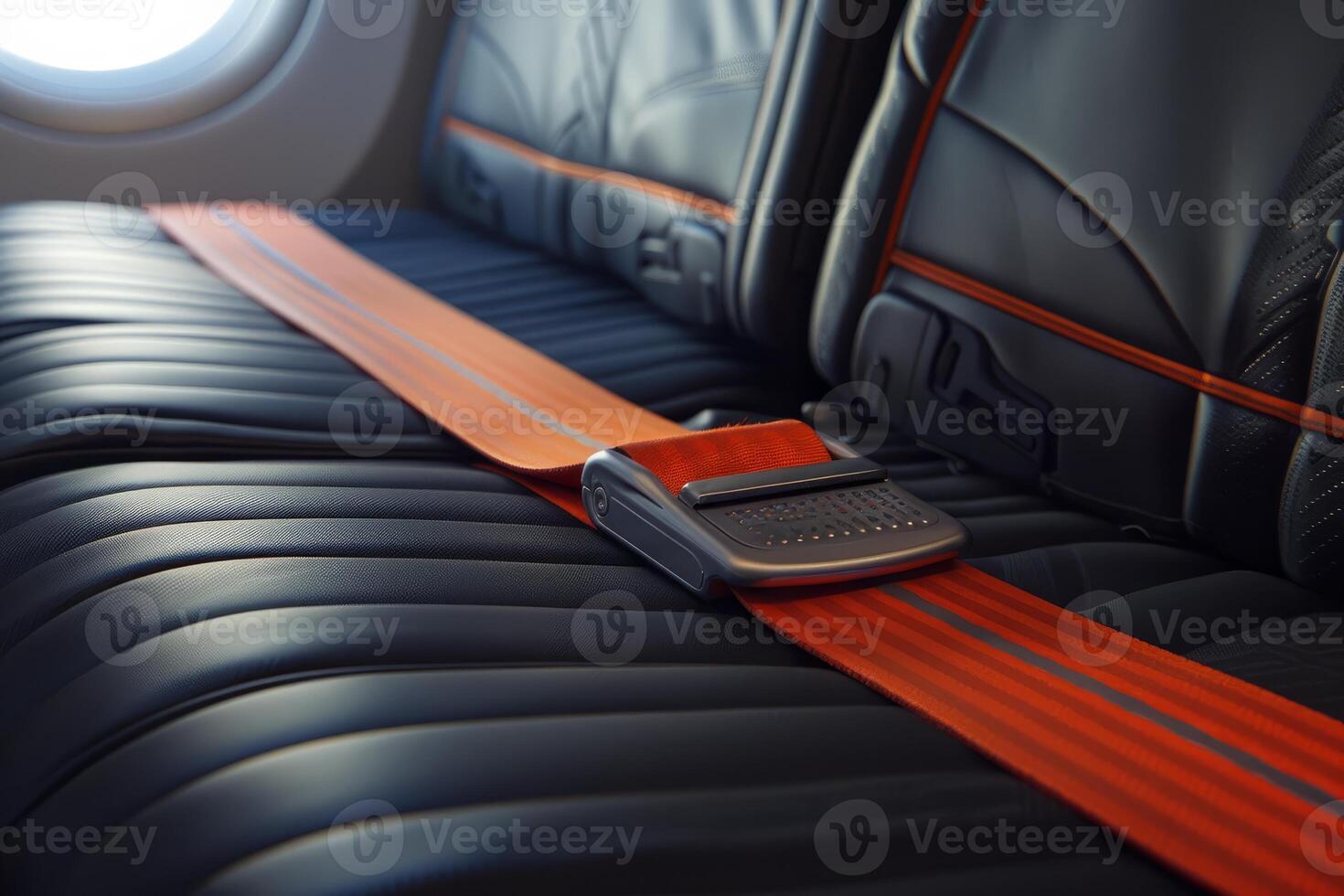 Empty airplane seat with seatbelt fastened for safety during flight photo
