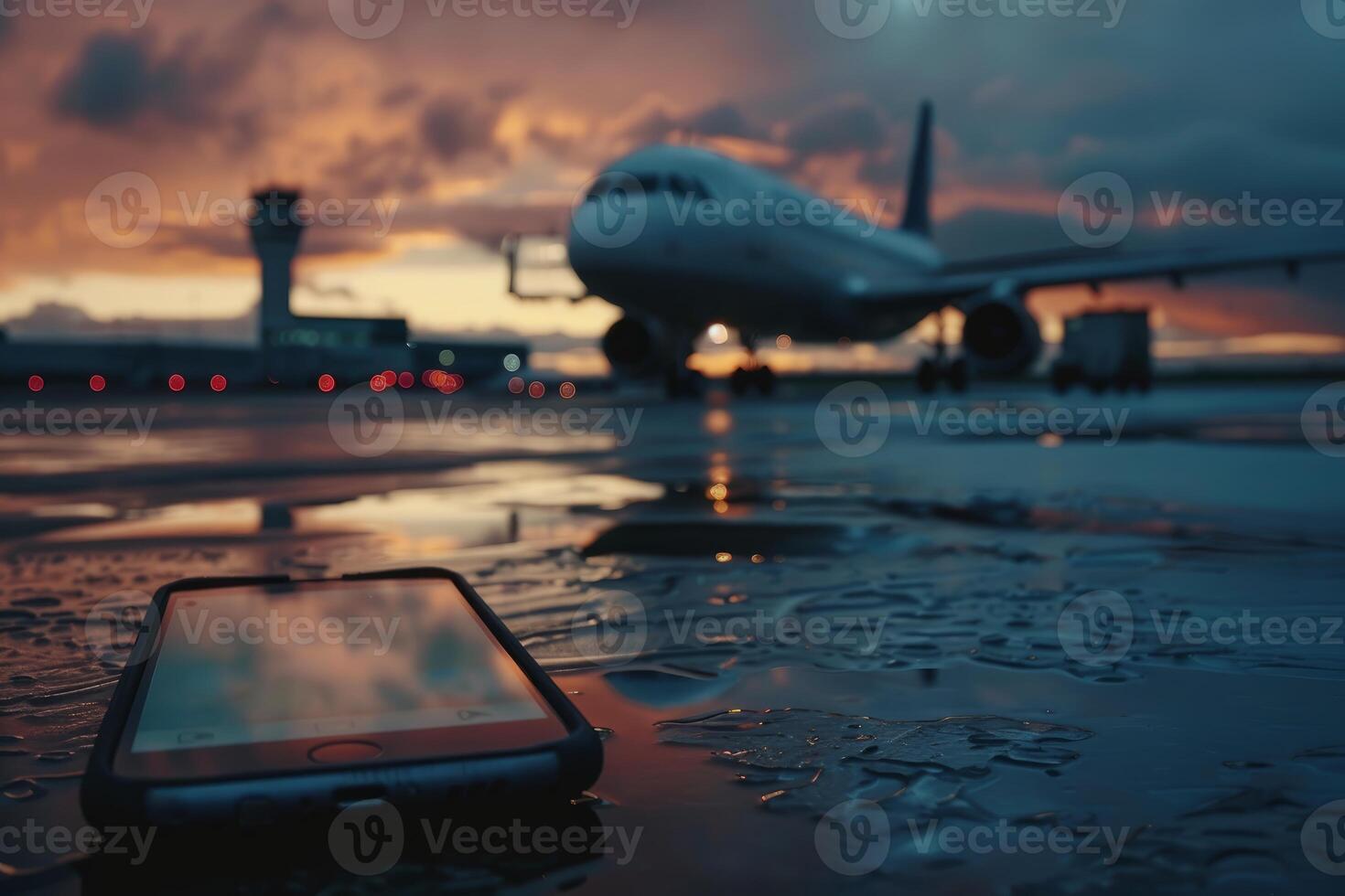 Smartphone lying on wet tarmac with airplane taking off in background photo