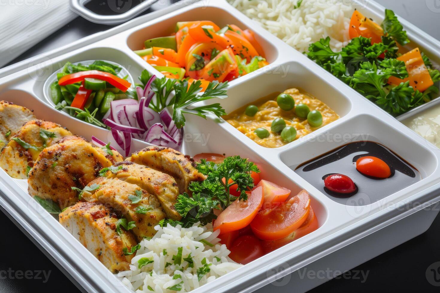 Lunch box filled with chicken breast and rice with vegetables and sauce photo