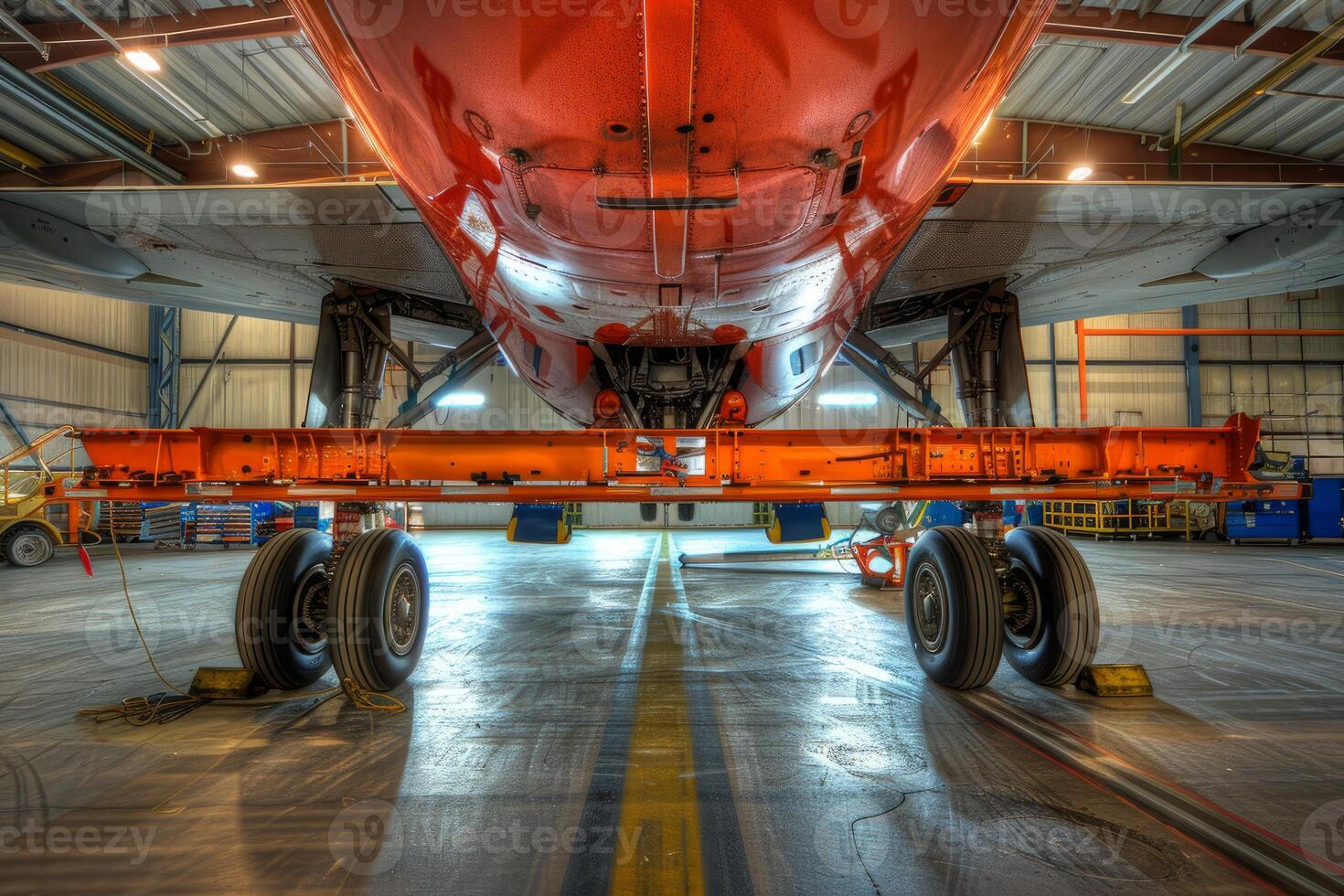 Airplane undercarriage standing on support beams in hangar photo