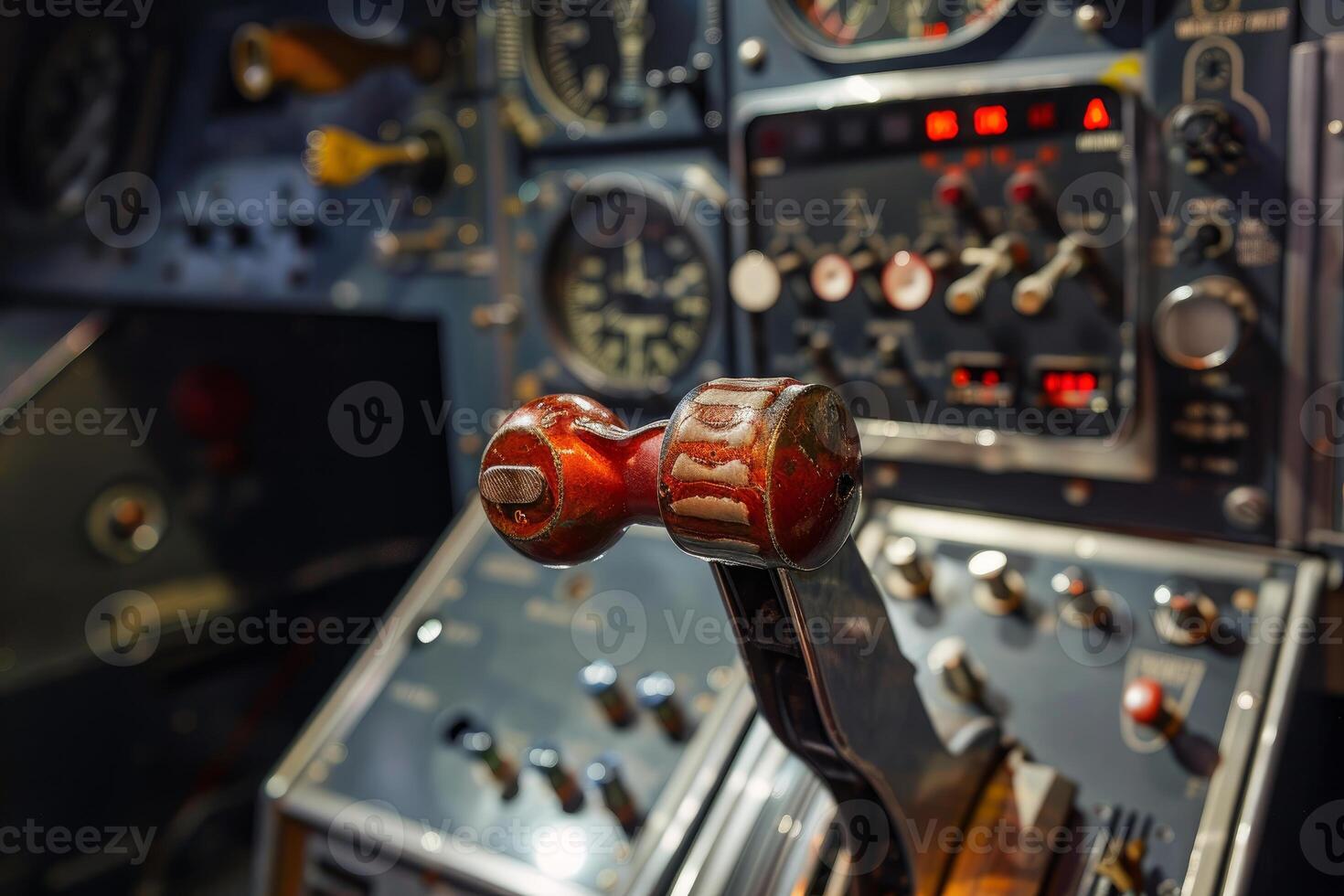 Closeup of airplane control stick inside cockpit of vintage aircraft photo