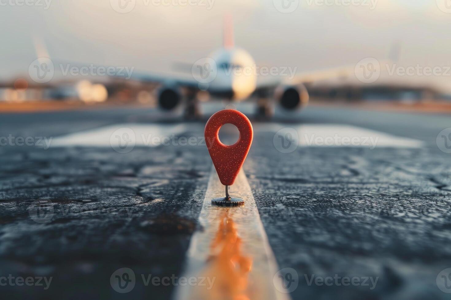 Red location pin standing on runway with airplane taxiing in background photo