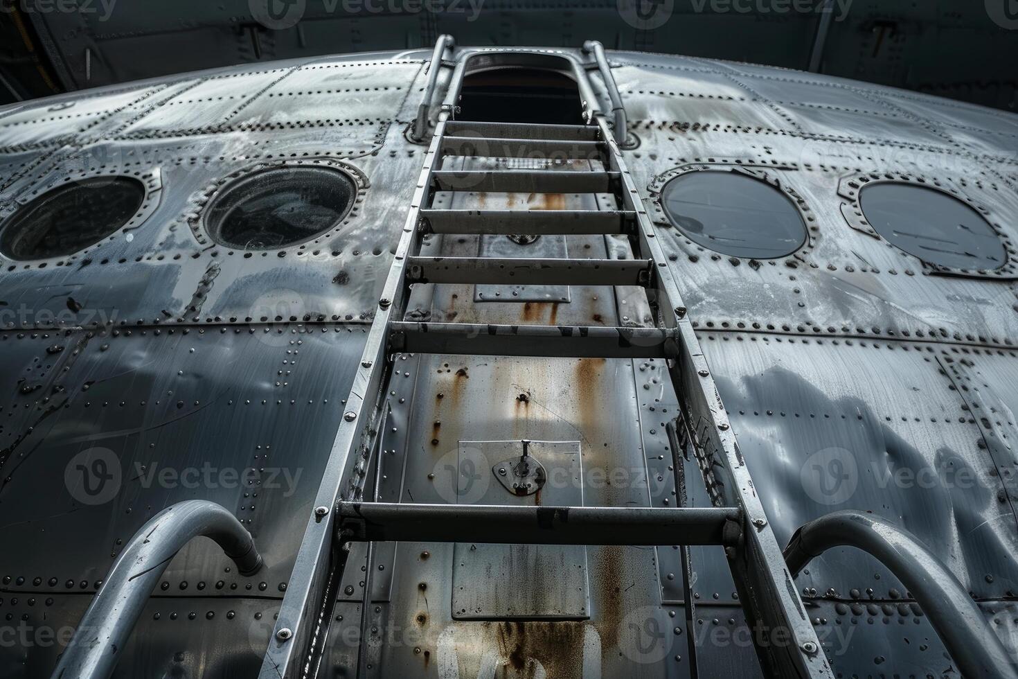 Old metal ladder leading to open hatch of airplane fuselage photo