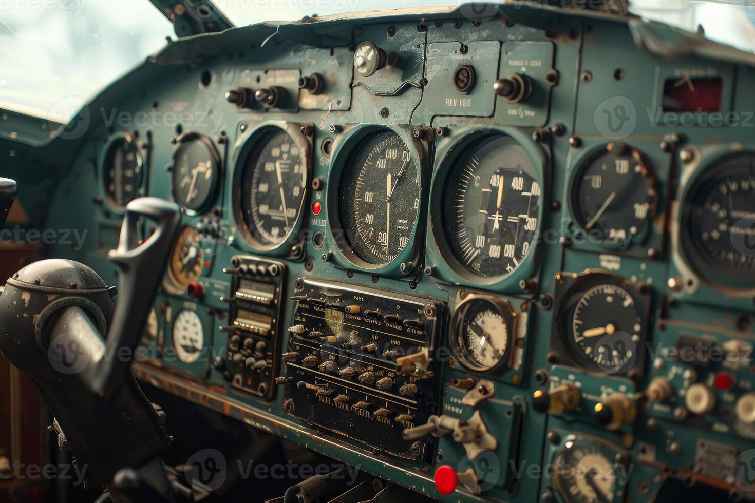 Airplane cockpit control panel showing flight instruments photo