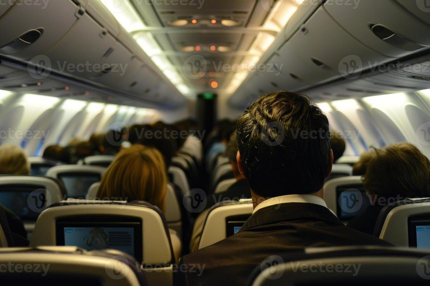 Businessman sitting in economy class on airplane full of people photo