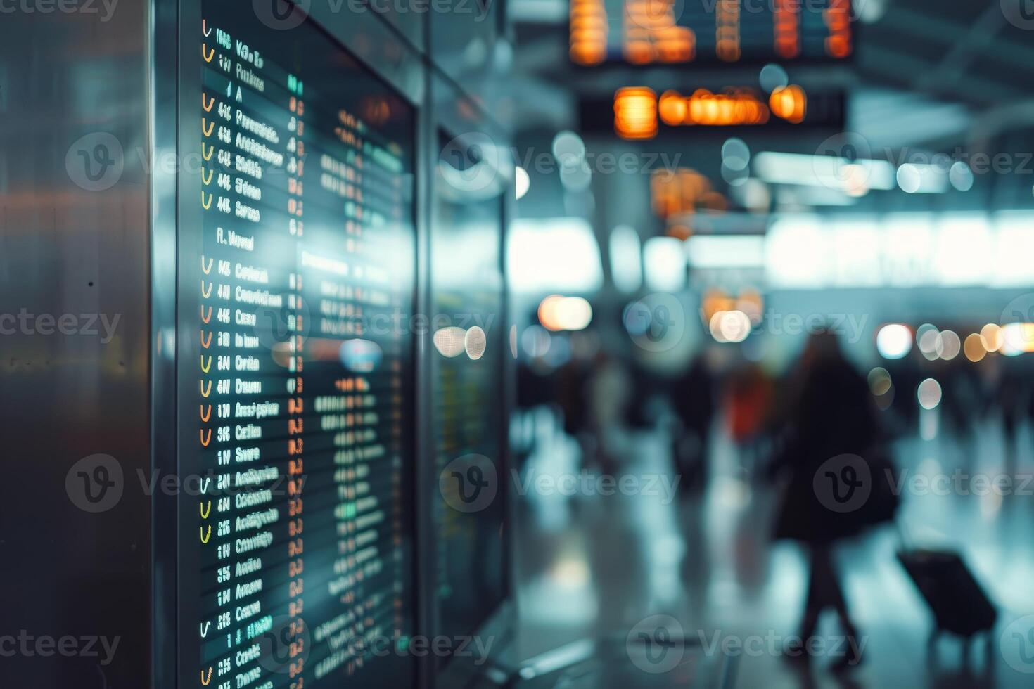 Airport arrival and departure board showing different city names and flight number photo