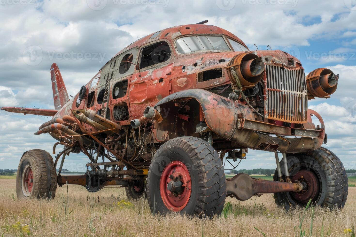 Rusty abandoned custom plane car sitting in field photo